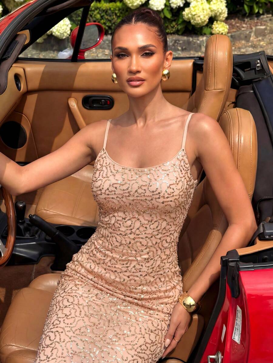 UNITHORSE [Random Cut] Spaghetti Strap Waist Ruffle Sequin Embellished Evening Dress - Rose Gold - View 1