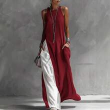 2026 New Women's Sleeveless Loose Pocket Color-Block Casual Off-Shoulder Dress - Xám - Xem 3