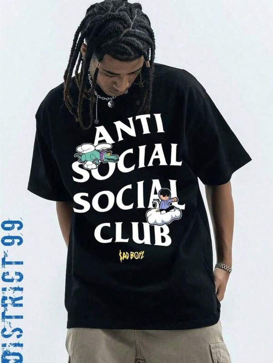 Anti Social Club Graphic Cropped T-Shirt For Boys And Girls Men, Women All Ages Family T-Shirt Letter New Streetwear Clothing Harajuku T-Shirt Cotton Half Sleeve Tee, Y2K Style Casual Cotton Clas - 黑色 - 查看 1