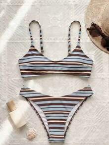 升级版 - 新款春夏海滩度假约会派对波西米亚风蓝色条纹可调节肩带V领性感比基尼套装 - 彩色 - 查看 2