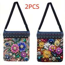 2pcs Diamond Painting Kits Vertical Bag, Floral Pattern, Non-Woven Fabric Material With Irregular Round Crystal Rhinestone Decor, Suitable For Outings, Travel And Storage Of Various Items - View 2