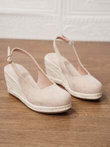 女士厚底坡跟一脚蹬鞋，女士厚底坡跟凉鞋，简约踝带草编鞋，人造革坡跟凉鞋，夏季度假杏色圆头3.15英寸高跟踝带一脚蹬鞋，舒适编织草镂空鞋，尺码34-43，大码女鞋，女士高跟鞋，女士高跟凉鞋，女士高跟鞋，优雅女鞋 - 杏色 - 查看 3