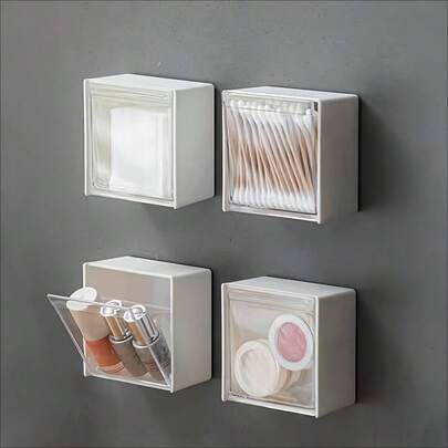 1pc Bathroom Storage Box,Wall-Mounted Storage Box, Multi-Functional Small Object Organizer Box, Bathroom Wall Shelf, White Bathroom Accessories Bathroom Tools Bathroom,Dustproof Plastic Organizer With Clear Fronts For Swabs, Makeup, Adhesive & Small Jewelry