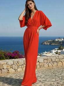 Deep Neck Butterfly Sleeve Wide Leg Jumpsuit With Adjustable Waist - 橘色 - 查看 3