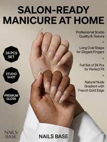Nails Base 24pcs/Set Natural Nude Gradient With French Golden Edge With Shimmer Detail Medium French Press-On Nails, Oval Press On Nails,ABS Fake Nails Press On,Women's Fashion Nail Art,Paired With 1pc Jelly Gel And 1pc Nail File,Suitable For Parties And Travel - Multicolor - View 5