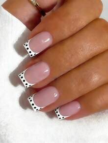 24pcs Square White Framed Polka Dot Pattern False Nails, Elegant Retro Style, Includes 1 Glue Sticker And 1 Mini File, Random Delivery, Suitable For Women And Girls Daily Wear - White - View 1