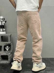 Men's Fashion High Street Crochet Mid-Waist Straight Leg Loose Fit Non-Stretch Jeans - Apricot - View 2