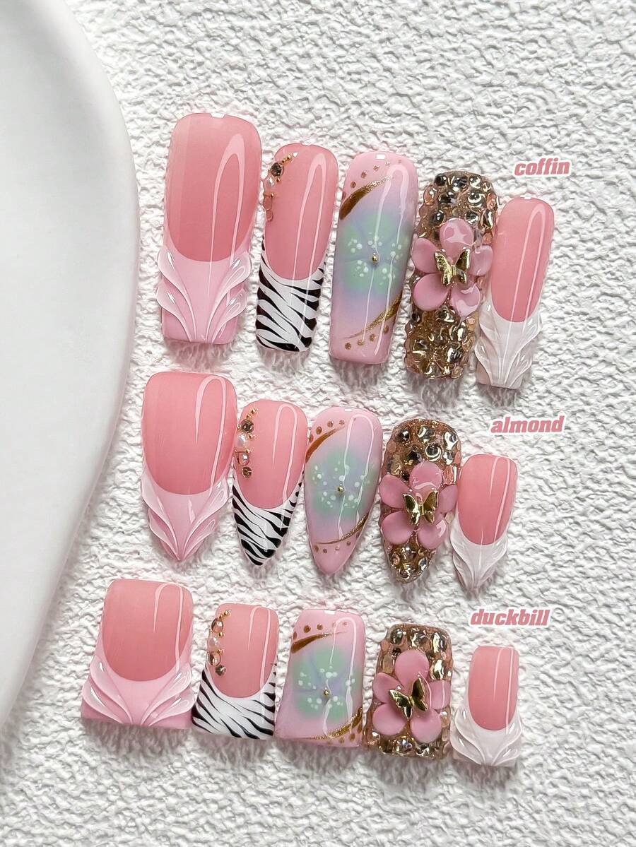 10Pcs Sweet And Edgy Style Handmade Nail Art Set,Unghie Press On,Butterflies, Sparkling Diamonds,Flower,Pink, Black And Mint Green Nail Polish,Includes Nail Tools,3 Sizes Available,Almond Nails , Duck Nails,Coffin Nails For Party, Dance, Daily Wear. - 彩色 - 查看 1