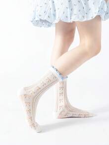 5 Pairs Spring/Summer Children's Sweet Lace Bow Mesh Mid-Calf Socks, Fresh Academic Style Versatile, Cute Breathable Student Socks, Suitable For Daily Wear - Multicolor - View 4