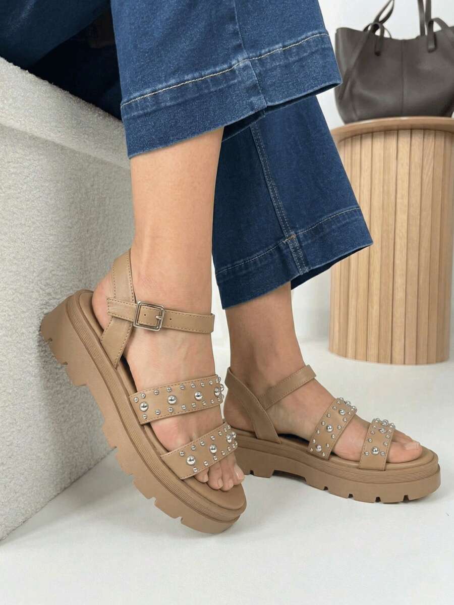 Summer Casual Fashionable Daily Commute Rivet Double Strap Metal Buckle Thick Sole Sandals - Khaki - View 1