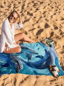 1条亮丽海豚沙滩巾 - 大号、轻便、速干涤纶泳巾，饰有活泼海豚图案，是旅行、游泳、露营的理想之选 | 时尚泳装 | 轻便毛巾 - 天藍色 - 查看 8