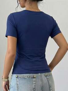 1pc Women's Scented T-Shirt With Built-In Bra, Wireless Short Sleeve Top With Fixed Padding, Slim Fit Solid Color Top Summer - Navy Blue - View 4