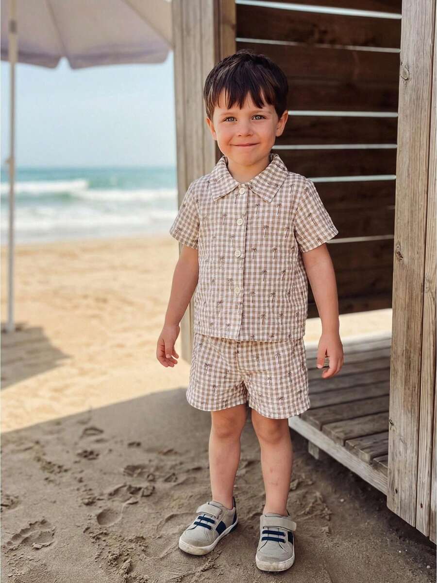 Summer Shorts Sets Short Sleeve Lapel Button Up Tree Print Shirt And Drawstring Shorts Plaid Outfits - Caqui - Ver 1