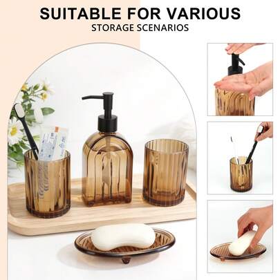 4 Pcs Amber Glass Bathroom Accessories – 11oz Arch Soap Dispenser With Stripe Toothbrush Holder, Cup & Soap Dish – Heavy Weight For Bathroom Countertop