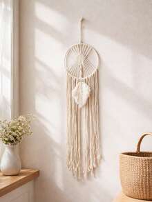 1 chiếc đồ trang trí treo tường dệt thủ công, kiểu Boho, có tua rua, dùng để trang trí nhà cửa, căn hộ, quà tân gia hoàn hảo, trang trí phòng tập yoga (Không bao gồm đèn) - Màu be - Xem 5