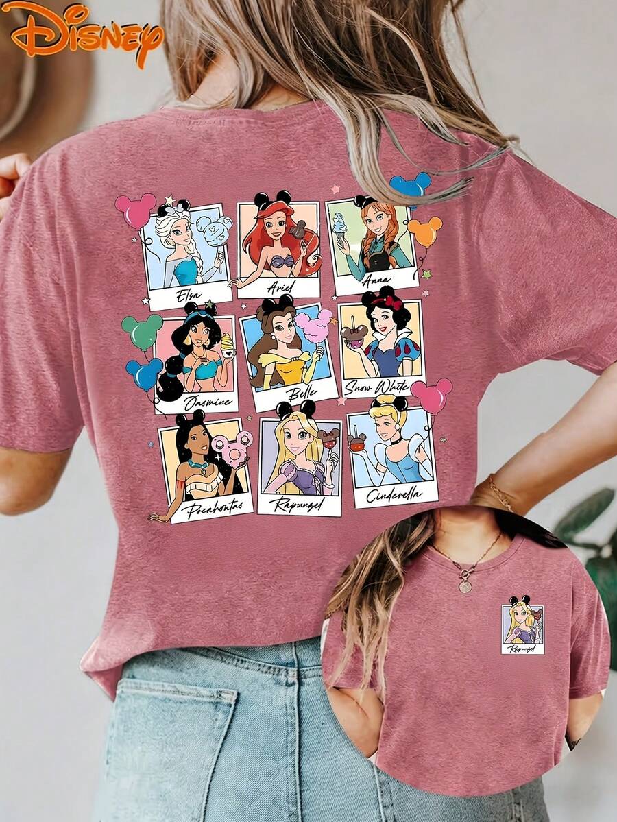 Disney License T Shirts,Disney Princess Elsa Ariel1 Belle Jasmine Rapunzel Snow White Collage Graphic Oversized T Shirt Women Cartoon Character Print Drop Shoulder Short Sleeve Tee Disney Fan Theme Park Casual Top ,Camiseta, Summer Outfits For Women, Summer Clothes, Summer Tops, Tops For Women, Festival Outfits, Summer Tops For Women, Mother's Day, Mother's Day Clothing, Gifts For Family And Friends, Spring Outfits For Women, Officially Licensed Disney T-Shirts, Disney Men's And Women's Spring/Summer Fashion Casual Short-Sleeve T-Shirts - 玫紅色 - 查看 1