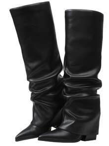 Shark Boots Women's Knee High Boots Fold Over Boots Slouchy Chunky High Heels Shoes Wide Calf Pointed Toe Shoes - 黑色 - 查看 2