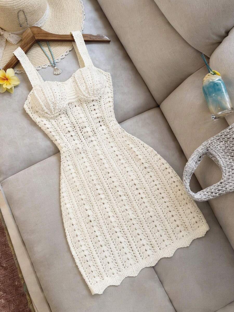 Vestido de punto bohemio de verano para vacaciones de mujer, vestido de traje de baño sexy para fiesta, vestido de fiesta de playa de vacaciones, vestido de verano para vacaciones, adecuado para vacaciones, fiestas, citas, té de la tarde, bodas, festivales de música, Día de la Madre primavera - Crema - Ver 1