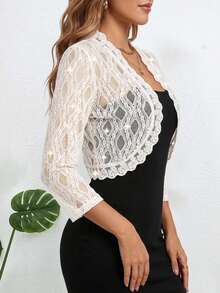 Yukiwi Damen modische elegante Spitze transparente 3/4 Ärmel glänzende kurze Strickjacke Frühling Weiß - Weiss - Übersicht 10