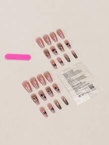 24pcs Rectangular/Trapezoid/Sharp Black Star/Transparent Heart Nail Stickers, Long Coffin Shape Fake Nails - Multicolor - View 4