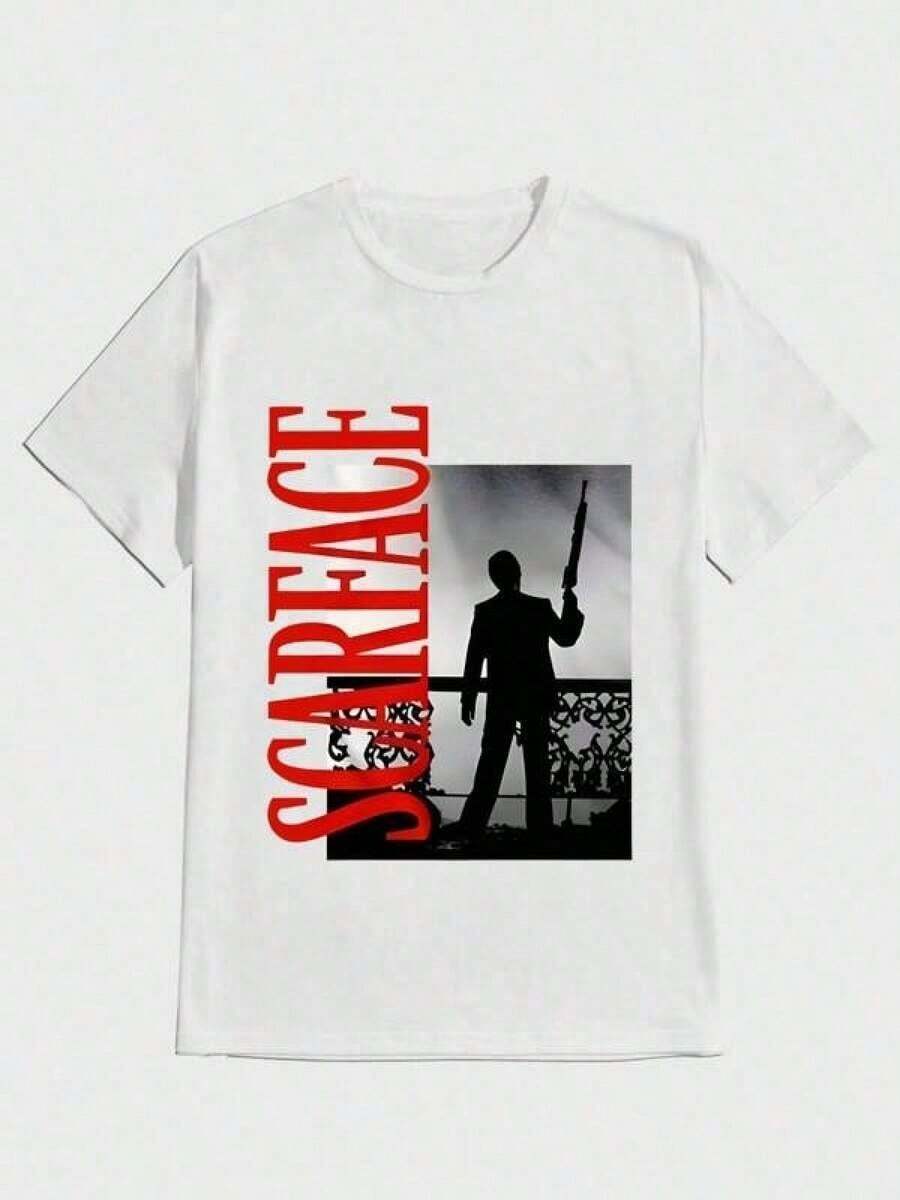 Movie Graphic Tees Men, Scar Face Movie Tony Standing On Balcony Silhouette Al Pacino T Shirt, Casual Digital Print Pure Heavy Cotton Y2K Oversized Summer Top, Father's Day Graduation Gift, C-Learance S-Ale For Men - 白色 - 查看 1
