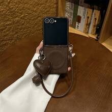 Ốp lưng điện thoại nam châm màu nâu kèm dây đeo mặt hình trái tim, phù hợp cho Galaxy ZFlip7, Z Flip6, ZFlip 5, Zflip6, Zflip5, ốp lưng chống rơi, phù hợp cho điện thoại - Màu nâu - Xem 2