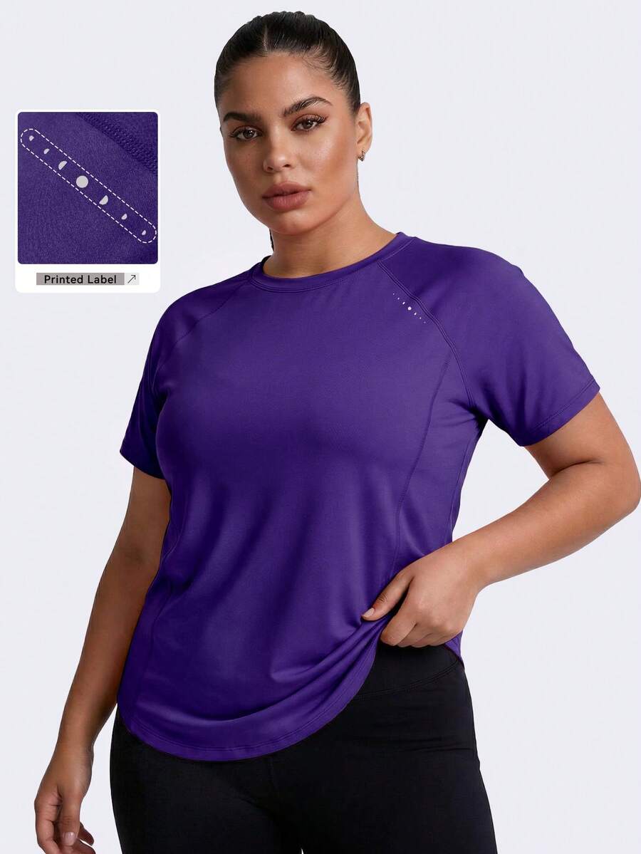 Áo tập thể dục ngắn tay raglan màu tím dành cho nữ cỡ lớn, thích hợp cho mùa hè và thể thao.