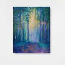 1 pieza de arte de pared en lienzo abstracto de bosque pastel - Pintura moderna minimalista verde púrpura rosa, marco de madera envuelto a prueba de agua, paisaje de naturaleza sereno listo para colgar para sala de estar, dormitorio, baño, regalo de inauguración de la casa, decoración del hogar con tonos suaves y apagados - Enmarcado - Ver 1