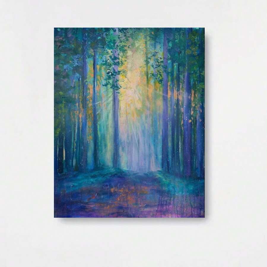 1 pieza de arte de pared en lienzo abstracto de bosque pastel - Pintura moderna minimalista verde púrpura rosa, marco de madera envuelto a prueba de agua, paisaje de naturaleza sereno listo para colgar para sala de estar, dormitorio, baño, regalo de inauguración de la casa, decoración del hogar con tonos suaves y apagados - Enmarcado - Ver 1