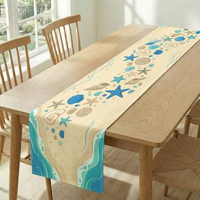 1 Stück Tischläufer mit Seestern- und Muschelprint, geeignet für Feiertage, Partys, Geburtstage, Abendessen, Restaurant Tischdekoration, ganzjährig, Heimdekoration