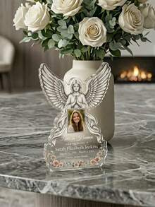 Customized Transparent White Acrylic Angel Memorial Plaque With Photo And Text - 2D Rose Floral Design Memorial Gift, Condolence Gift For Bereaved Family And Funeral, Home And Memorial Service Keepsake - Angel's Blessing 2 - View 7