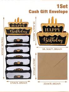 1 Set Schwarz & Gold Geburtstags Geldschein Karte & Umschlag, Geburtstags Geldgeschenk Umschlag, Geburtstags Party Bargeld Geschenk Überraschung, Jahrestags Dekorative Geldschein Karte, Geburtstags Geschenkkarte für Männer, Frauen, Jungen, Mädchen - Banknotenkarte - Übersicht 7