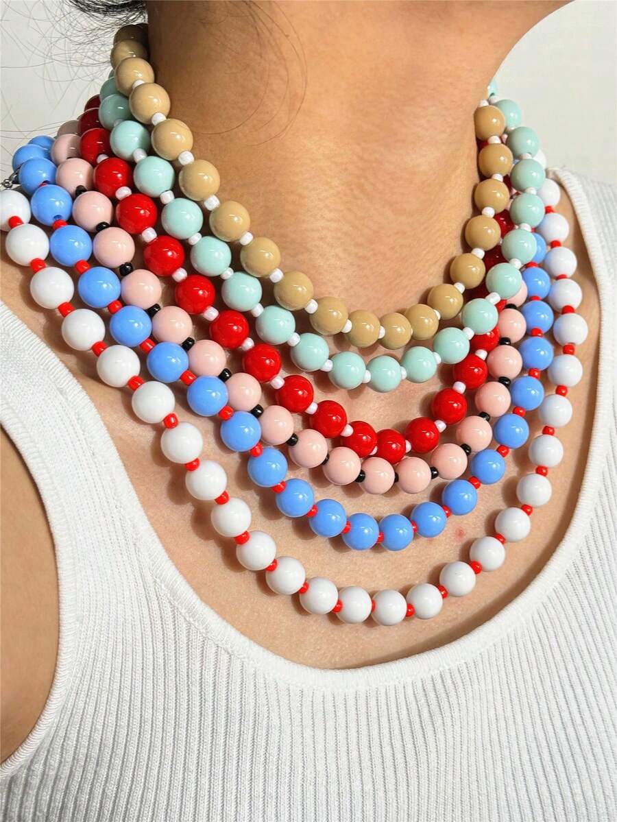 Colar de Contas Colorido e Casual em Estilo Boêmio, Adequado para Uso Diário e Férias de Mulheres - Multicolorido - Visão 1