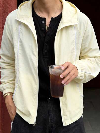 1pc Men's Beige Pleated Textured Hooded Zip-Up Jacket, Lightweight Breathable Perforated Nylon Fabric, Comfortable Durable Easy Care, Minimalist Casual Old Money Style Outerwear, Suitable For Spring/Summer Outdoor Casual Wear