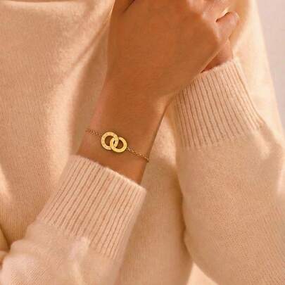 1 pieza Brazalete de acero inoxidable con doble anillo entrelazado, de estilo minimalista y elegante, con números romanos tallados, accesorio de muñeca elegante para mujer - perfecto para uso diario/citas/vacaciones, joyería de pareja, regalo ideal para madres y novias