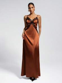棕色优雅吊带缎面连衣裙，饰有精致蕾丝边，休闲时尚风格，适合约会、海滩度假、海边旅行、夏季郊游、婚礼派对和日常穿着。 - 棕色 - 查看 3