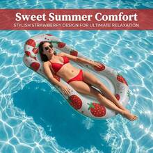 1pc White Strawberry Pattern Inflatable Floating Bed, PVC Material, Pure White Base With Fresh Red Strawberry Print, Minimalist Sweet Style, Ergonomic Arc-Shaped Soft Neck Pillow, Water Leisure Floating Bed, Suitable For Pool Party, Beach, Lake, Water Park, Sunbathing, Travel & Holiday, Lightweight Foldable Easy Storage, Quick Inflation & Deflation For Reusable, Pool Inflatable, Beach Essentials, Pool Float - 1pc Strawberry White Floating Bed - View 2