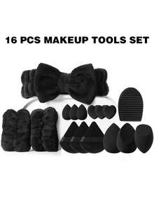 Bộ dụng cụ trang điểm đa năng 16/18/34 món, gồm 18 cọ trang điểm, bông mút, bông phấn, băng đô cài tóc, băng đeo cổ tay và dụng cụ vệ sinh cọ. - màu đen - Xem 12