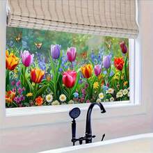 1pc Spring Tulip & Butterfly Glass Sticker, Colorful Floral Window Decor, Self-Adhesive & Removable - Multicolor - View 2