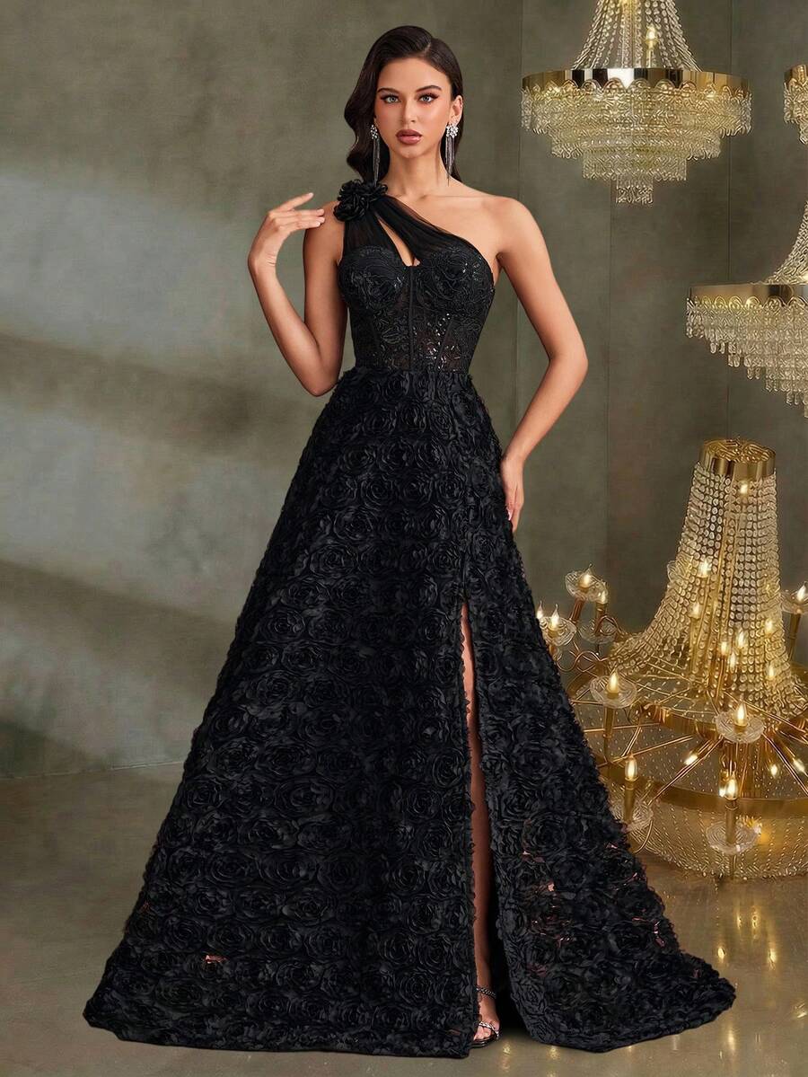 BluePlum Asymmetrical Shoulder Black Lace & Sequin Bridesmaid Dress, Fitted Mermaid Silhouette With Rose Texture, High-End Party Gown With High Slit And Train, Elegant Dark Color Evening Dress Wedding Spring - Black - View 1