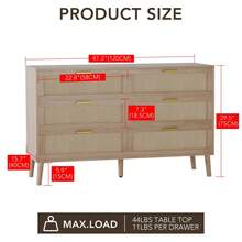 Beaully 6 Drawer Dresser, 47 Inch Natural Rattan Chest Of Drawer, Large Wooden Dresser With 5 Solid Wood Legs, Farmhouse Dresser For Bedroom, Living Room, Entryway, Natural Oak - 墨綠色 - 查看 7