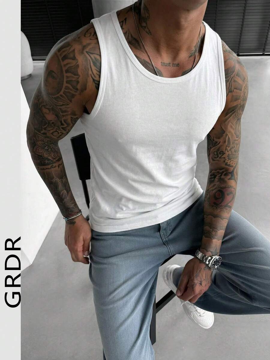 GRDR Men's Summer Casual Sleeveless Round Neck Tank Top - White - View 1