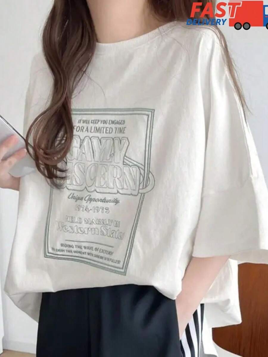 Retro-Style English Letter Print Off-White Short-Sleeved T-Shirt, 100% Cotton, Women's, Loose Fit, Stylish, Domestic Shipping, 200g Pure Cotton T-Shirt, Y2K Top, Summer Clothing. - trắng - Xem 1