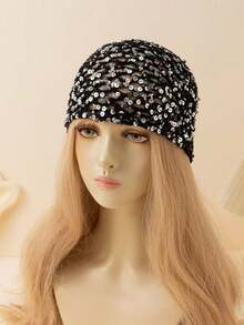 Mũ xô đính sequin kiểu INS dành cho nữ, mũ xô đan rỗng. - A - Xem 2