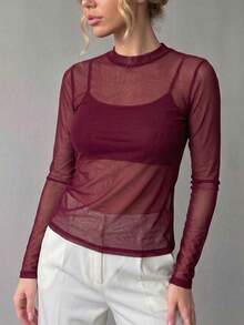 Long-Sleeved Tulle Blouse In Pastel Candy Colors, Spring Color Block. - Burgundy - View 1