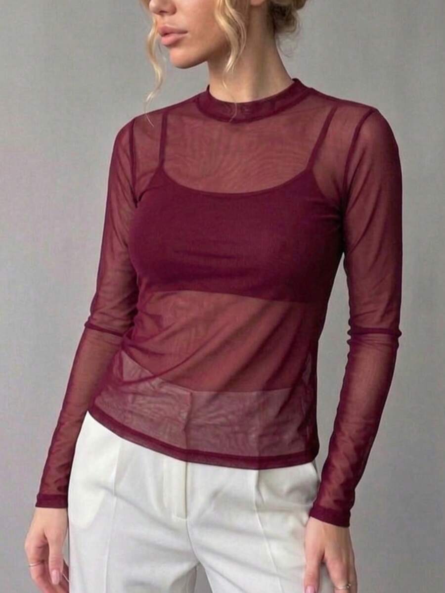 Long-Sleeved Tulle Blouse In Pastel Candy Colors, Spring Color Block. - Burgundy - View 1