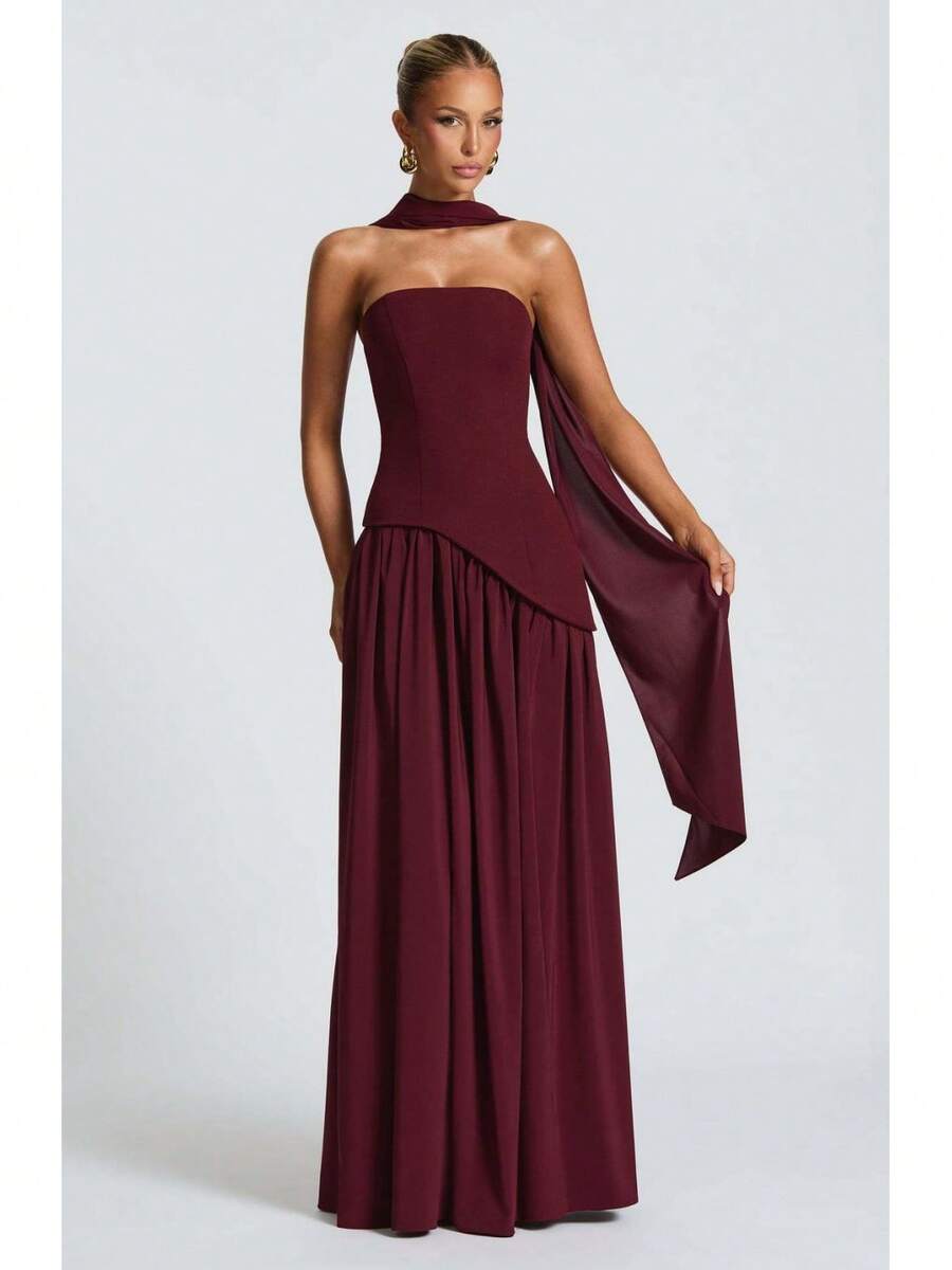 2026 European And American Women's Fashion Strapless Solid Color Slit Dress, Stylish And Sexy Backless High-Slit Long Dress, New Model - Màu Đỏ Sâu - Xem 1