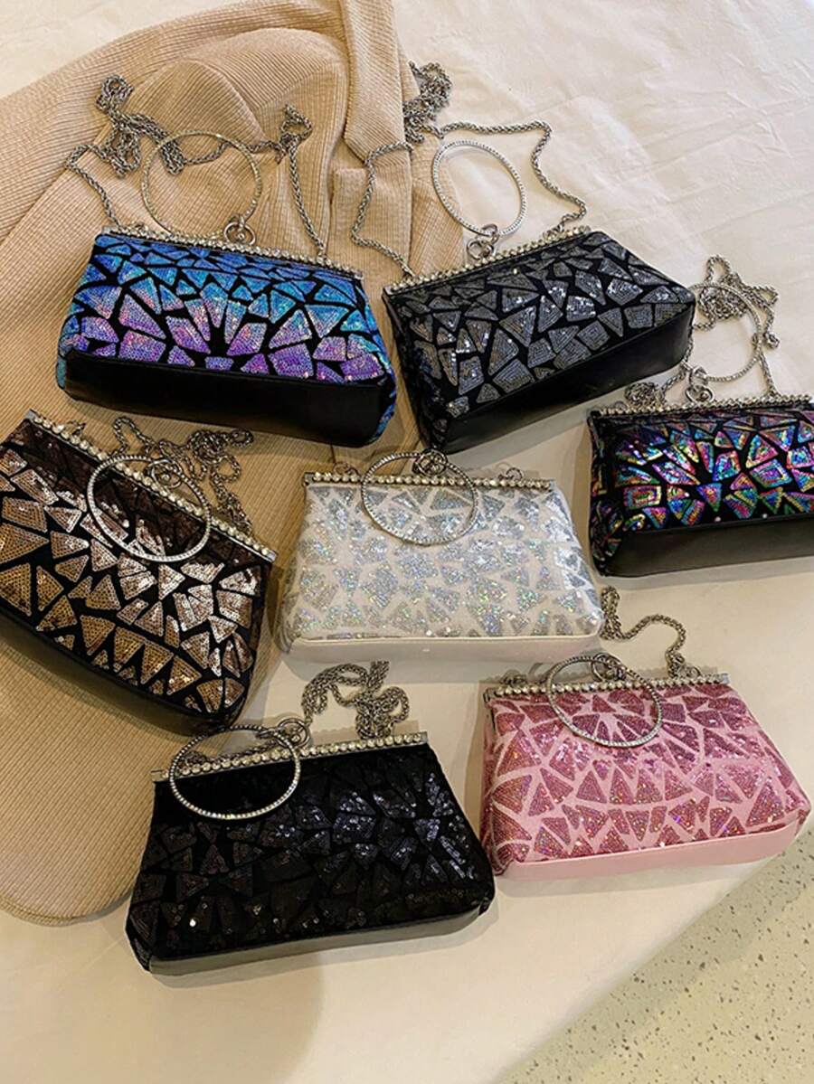 Túi xách cầm tay tròn đính sequin hình học lấp lánh với dây đeo kim loại, thích hợp cho tiệc tối, đám cưới, sinh nhật, hộp đêm, các dịp trang trọng, họp mặt và cuộc sống về đêm cuối tuần.