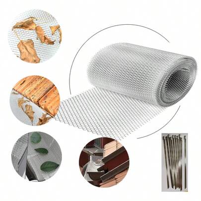 1 Cuộn lưới chắn rác máng xối bằng nhôm kèm 10 kẹp thép không gỉ, kích thước 6.0 inch x 236.22 inch, hiệu quả trong việc ngăn chặn lá cây và rác thải trong máng xối và ống thoát nước mưa, dễ dàng lắp đặt và cắt tỉa.