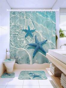 1/3/4件套蓝色海星透明海水印花浴帘浴室套装,夏季热带海岸风浴室窗帘,防水耐用现代家居浴室装饰浴帘,72英寸*72英寸浴室隔断浴帘,包含12个挂钩,浴室配件 - 包括马桶盖、浴垫和地毯,采用涤纶面料 - 可水洗,适用于家庭浴室/酒店/西式/度假屋/房车/海洋风格浴室装饰,四季皆宜,公寓必备,乔迁礼物,母亲节礼物 - 海星 - 查看 2